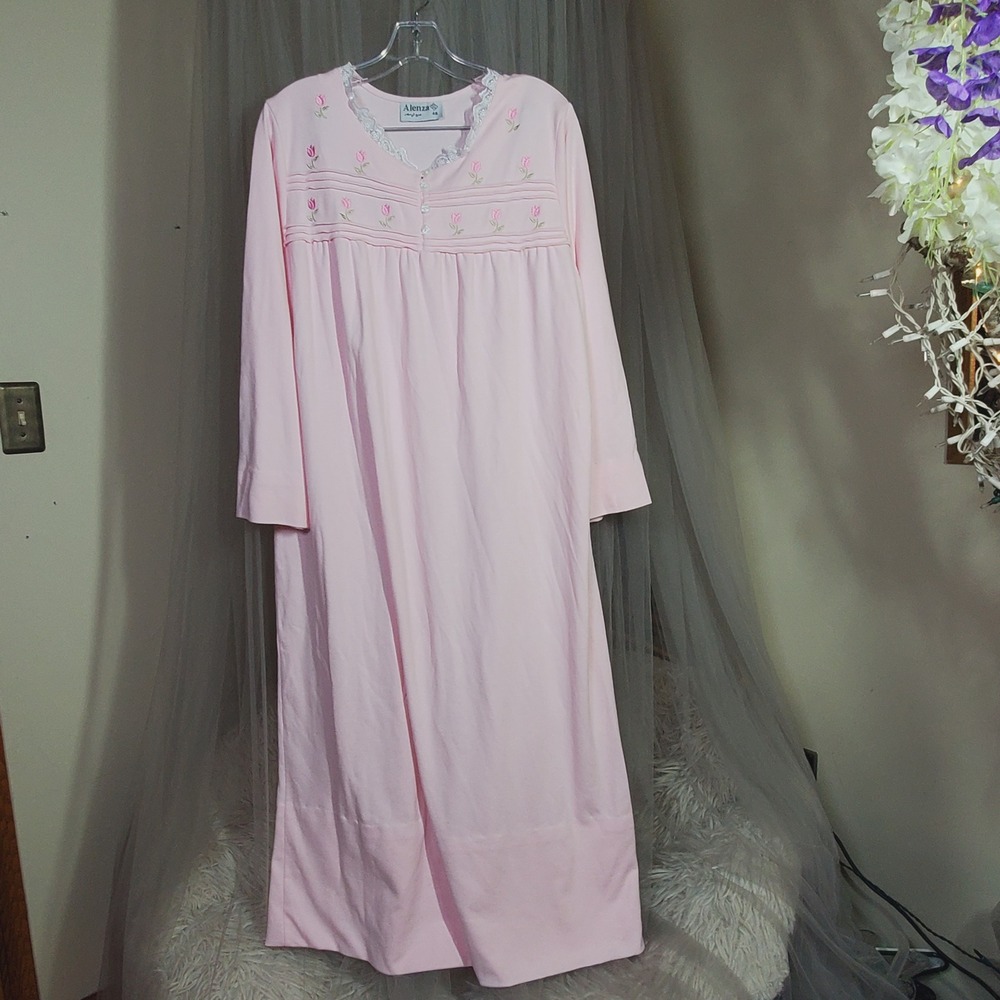 Alenza Pink Floral Embroidered Granny Nightgown XL Lace Trim Maxi Sleepwear